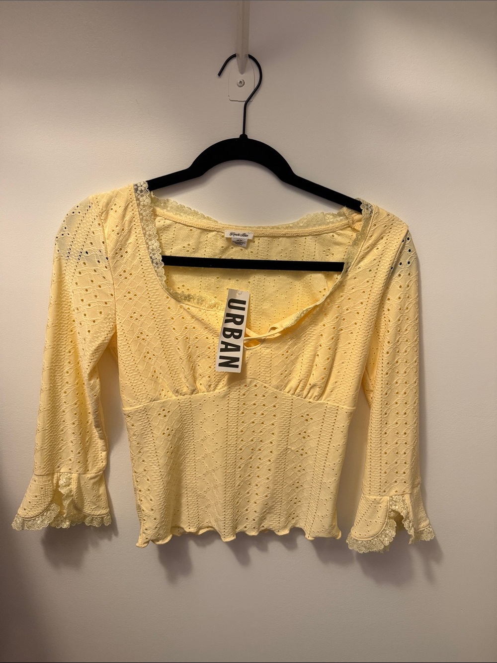 Urban Outfitters Pale Yellow Eyelet Peplum Lace-Trim Top